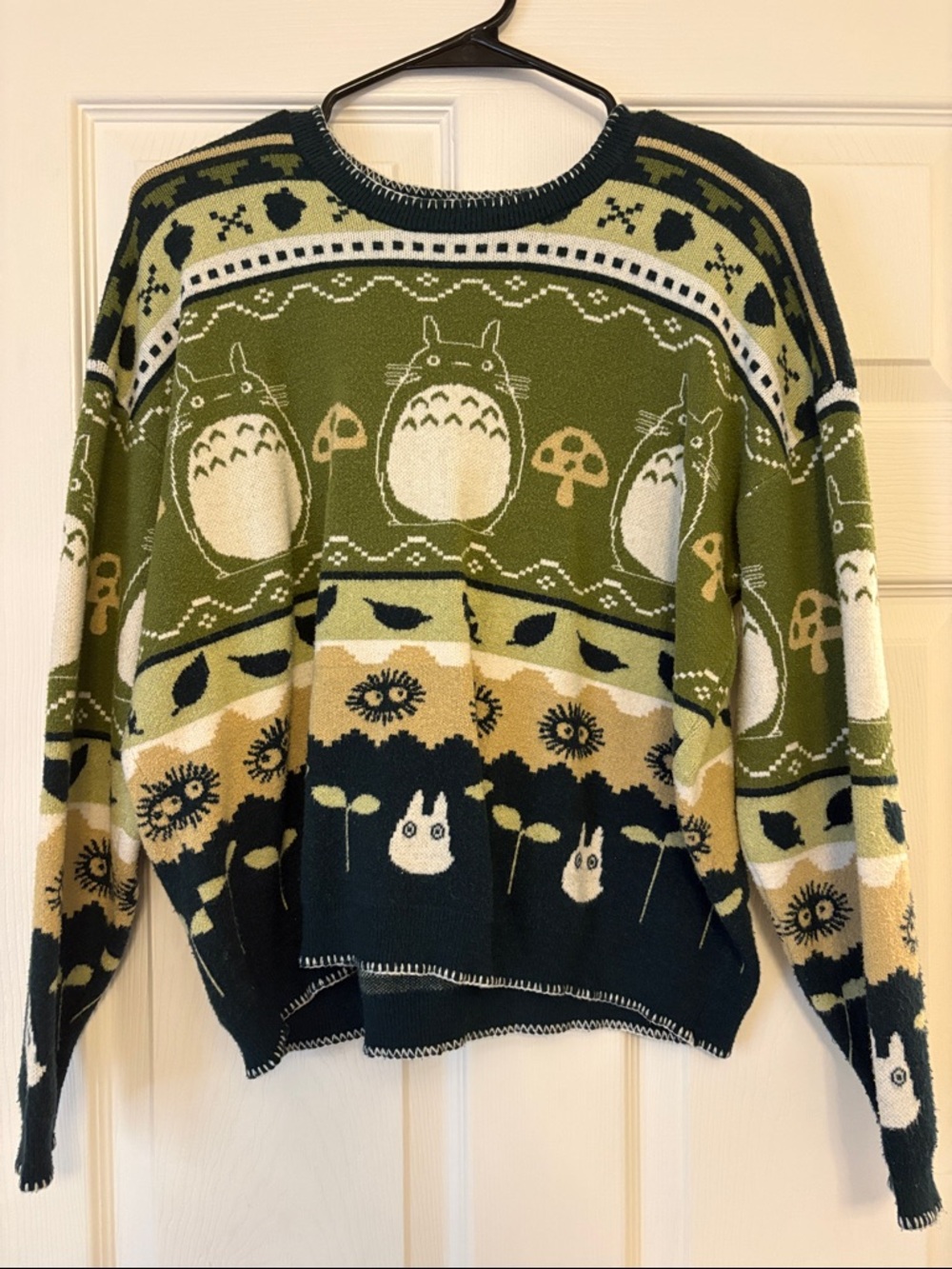 Whimsical Olive & Navy Totoro-Inspired Crewneck Sweater